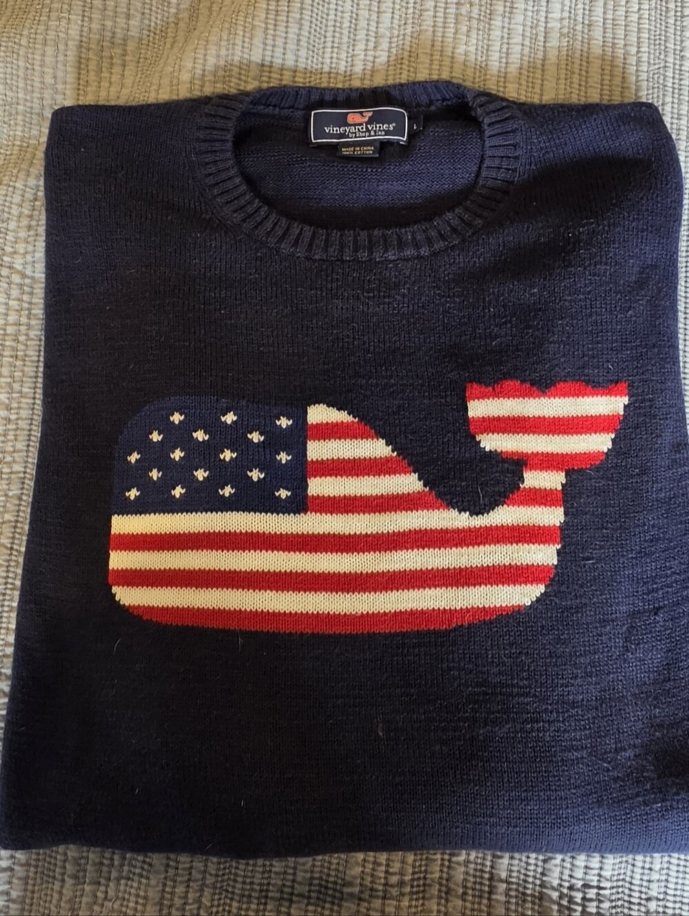 Vineyard Vines Navy Crewneck with Red, White and Blue Whale